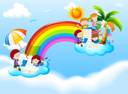 Children reading books over the rainbow illustrationのイラスト素材