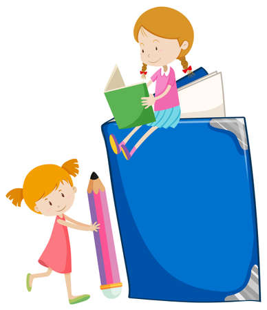Two girls reading books illustrationのイラスト素材