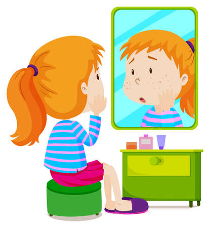 Girl with measels looking at mirror illustrationのイラスト素材