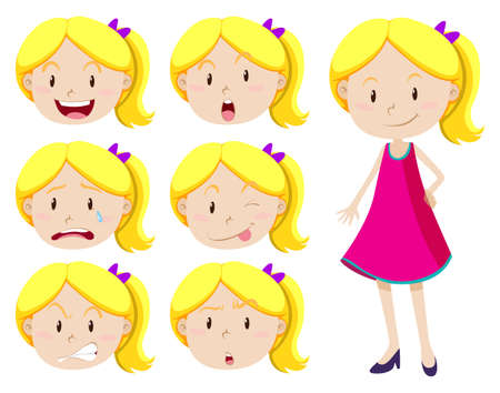 Cute girl with different facial expressions illustrationのイラスト素材