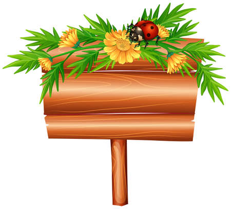 Wooden sign with ladybug and flower illustrationのイラスト素材