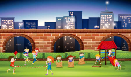 Children playing in the park at night illustrationのイラスト素材