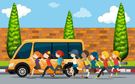 Children running on the street illustrationのイラスト素材