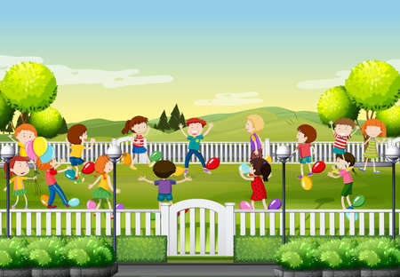 Children playing balloon game in the park illustrationのイラスト素材