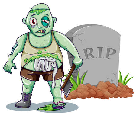 Green zombie with axe at the gravestone illustrationのイラスト素材