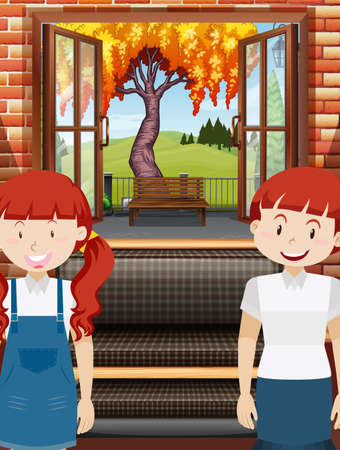 Two girls in the living room illustrationのイラスト素材