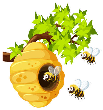 Bees flying around beehive illustrationのイラスト素材