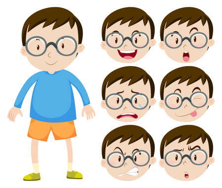 Little boy with glasses and many facial expressions illustrationのイラスト素材