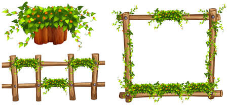 Wooden frame and fence with plants illustrationのイラスト素材
