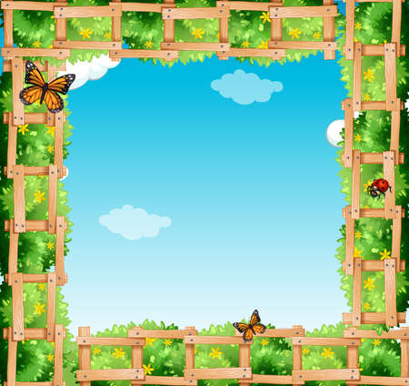 Border design with bush and butterflies illustrationのイラスト素材