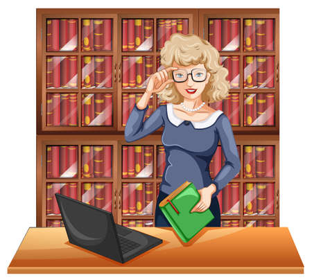 Woman with glasses in the library illustrationのイラスト素材