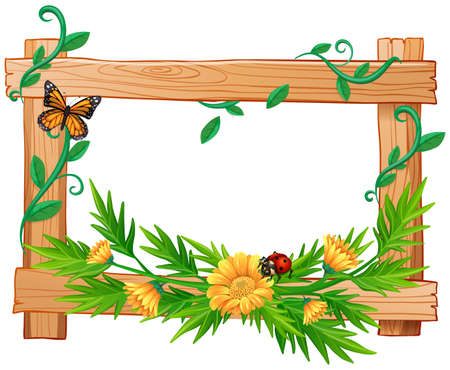 Wooden frame with flowers and insects illustrationのイラスト素材