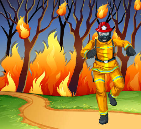 Fireman at the wild fire scene illustrationのイラスト素材