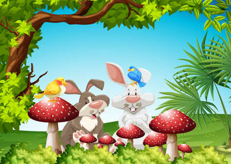 Rabbits and birds in the garden illustrationのイラスト素材