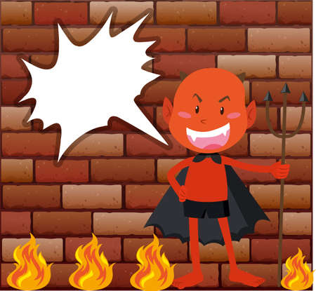 Devil and fire in front of brick wall illustrationのイラスト素材