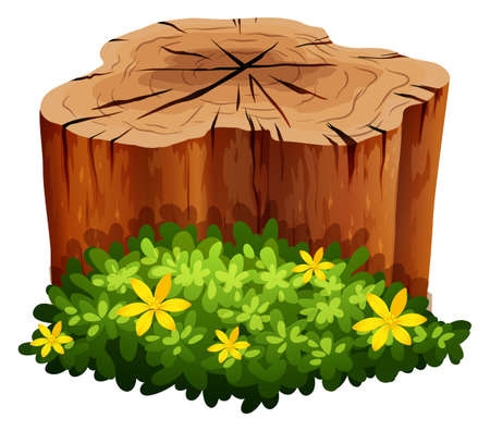 Log and green bush illustrationのイラスト素材