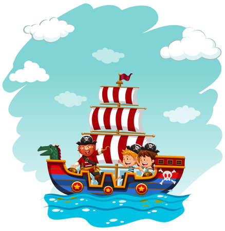 Children riding on viking boat illustrationのイラスト素材