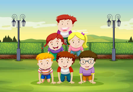 Kids doing human pyramid in the park illustrationのイラスト素材