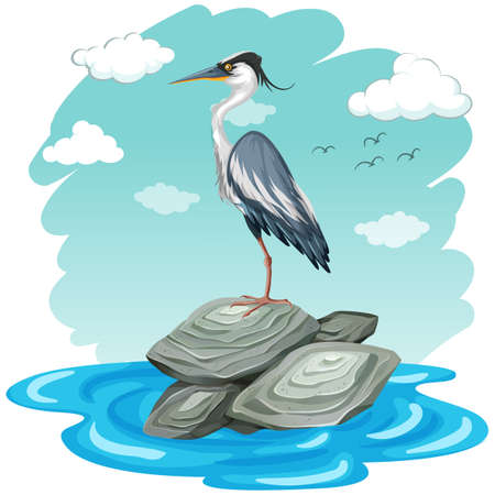 Scene with crane standing on rocks illustrationのイラスト素材