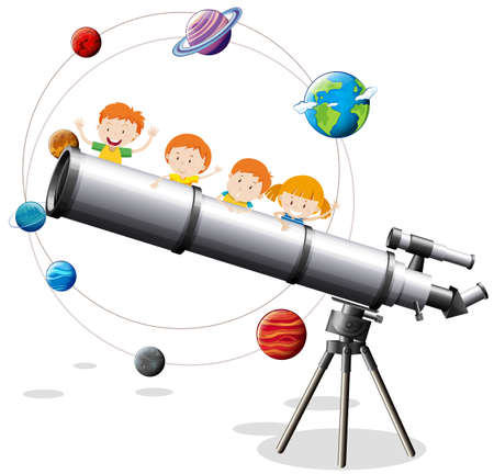 Childrean and giant telescope illustrationのイラスト素材