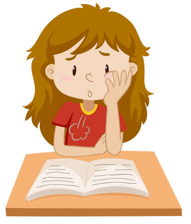 Girl reading book on the table illustrationのイラスト素材
