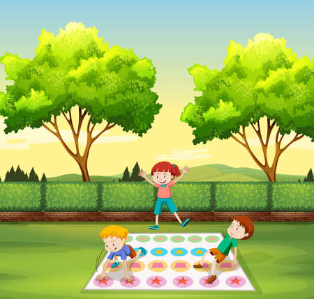 Children playing twister in the park illustrationのイラスト素材