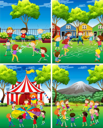 Four scene of children playing in the park illustrationのイラスト素材
