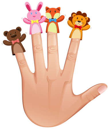 Four finger puppets on human hand illustrationのイラスト素材