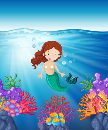 Mermaid swimming in the sea illustrationのイラスト素材