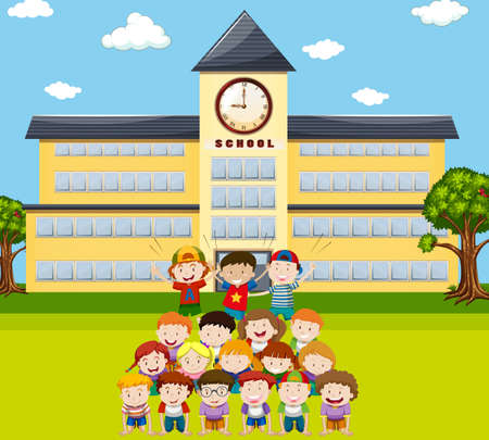 Children do human pyramid at school illustrationのイラスト素材