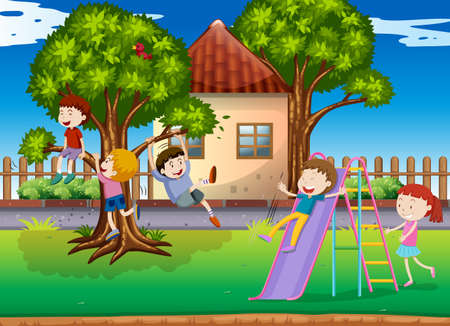 Children playing slide in the playground illustrationのイラスト素材