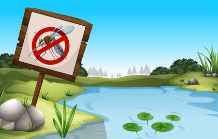 Scene with pond and sign no mosquitoes illustrationのイラスト素材