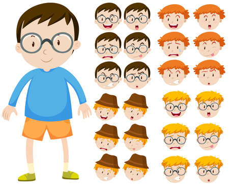 Boy and different facial expressions illustrationのイラスト素材