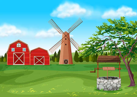 Barns and windmill in the farmyard illustrationのイラスト素材