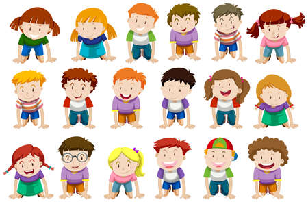 Boys and girls kneeling down illustrationのイラスト素材