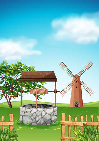 Scene with windmill and well in the farm illustrationのイラスト素材