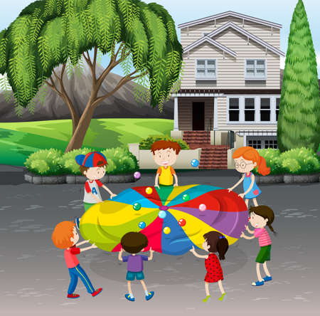 Children playing balance balls on the street illustrationのイラスト素材