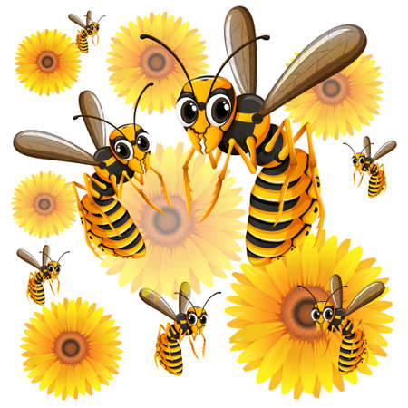 Wasps flying around yellow flowers illustrationのイラスト素材