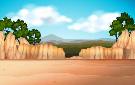 Nature scene with desert field and canyons illustrationのイラスト素材