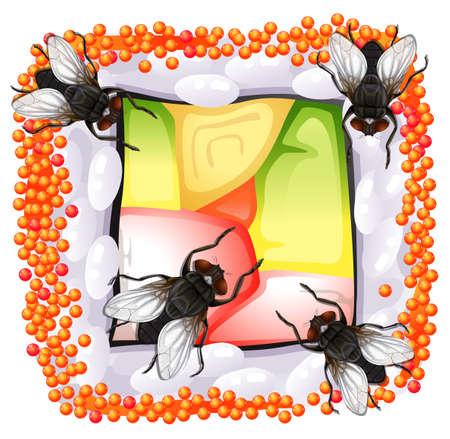 Flies eating sushi roll illustrationのイラスト素材