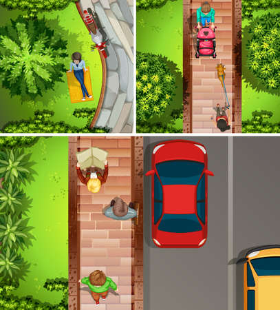 Top view scenes with people in the park and street illustrationのイラスト素材