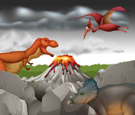 Dinosaurs living on the mountain illustrationのイラスト素材