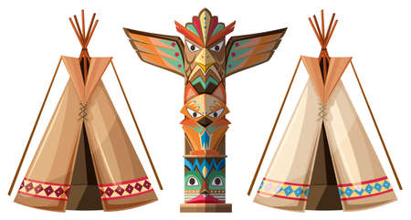 Set of teepees and totem pole illustrationのイラスト素材