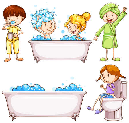 Children brushing teeth and taking bath illustrationのイラスト素材