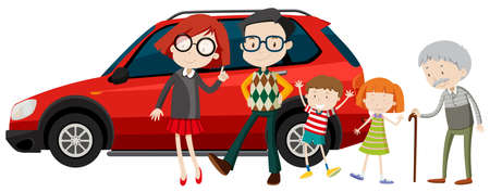 Family members standing in front of car illustrationのイラスト素材
