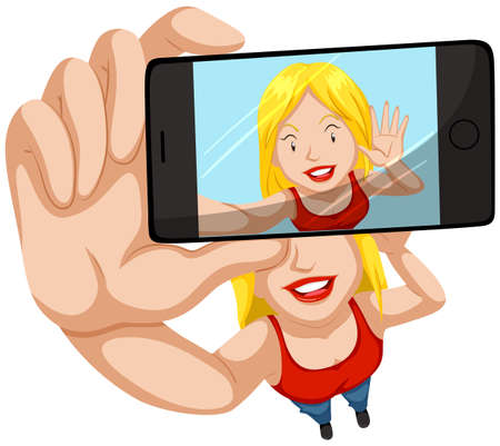 Woman taking picture with mobile phone illustrationのイラスト素材
