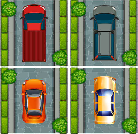 Trucks and cars parking on the road illustrationのイラスト素材