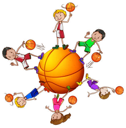 Boys and girl playing basketball illustrationのイラスト素材