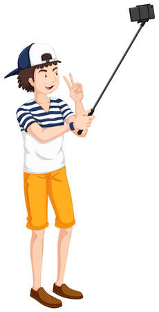 Man taking selfie with mobile phone illustrationのイラスト素材