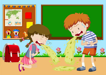 Boy and girl vomitting in classroom illustrationのイラスト素材
